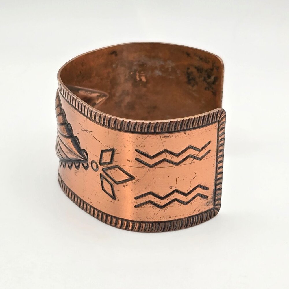 VTG Bell Trading Post Wide Copper Cuff Bracelet 6.5" Stamped Design Southwestern - Picture 2 of 7